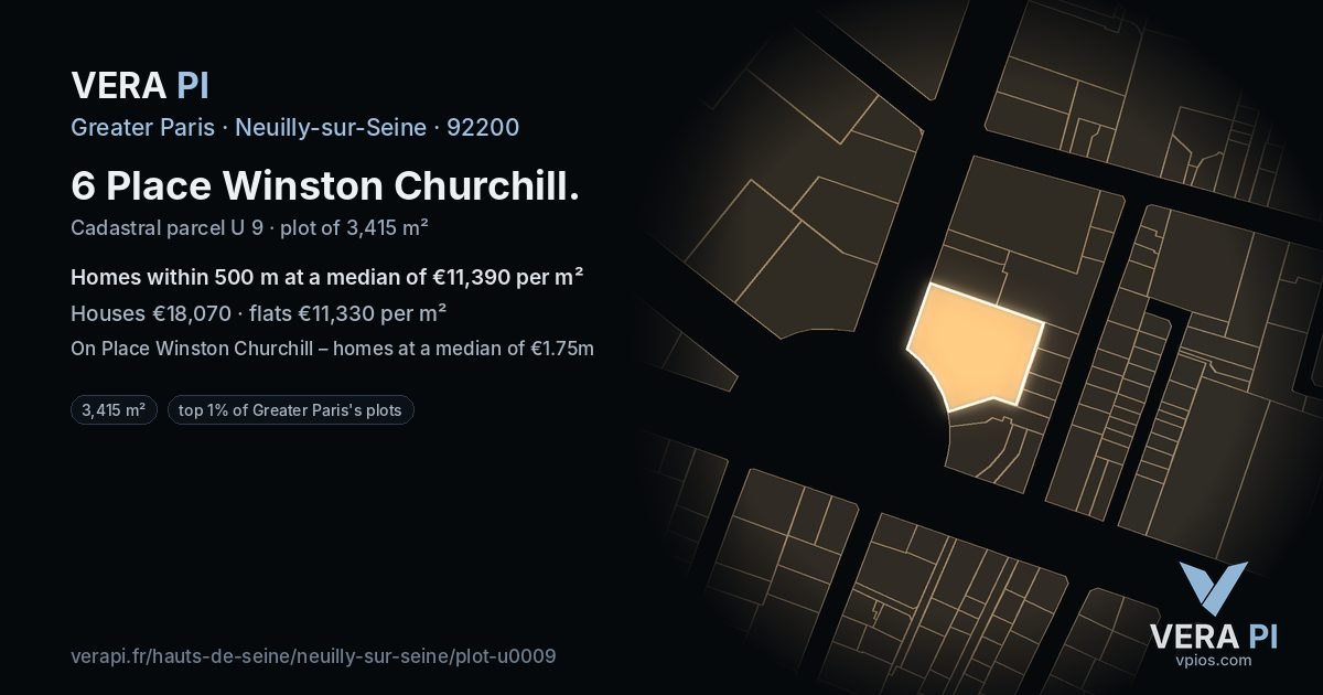 6 Place Winston Churchill, Neuilly-sur-Seine at night – the plot lit, the parcels around coloured by the prices near them