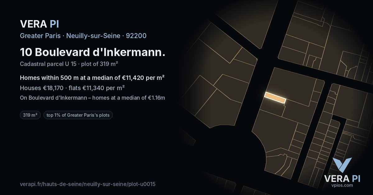 10 Boulevard d'Inkermann, Neuilly-sur-Seine at night – the plot lit, the parcels around coloured by the prices near them