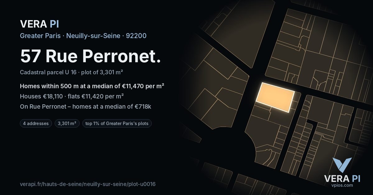 57 Rue Perronet, Neuilly-sur-Seine at night – the plot lit, the parcels around coloured by the prices near them