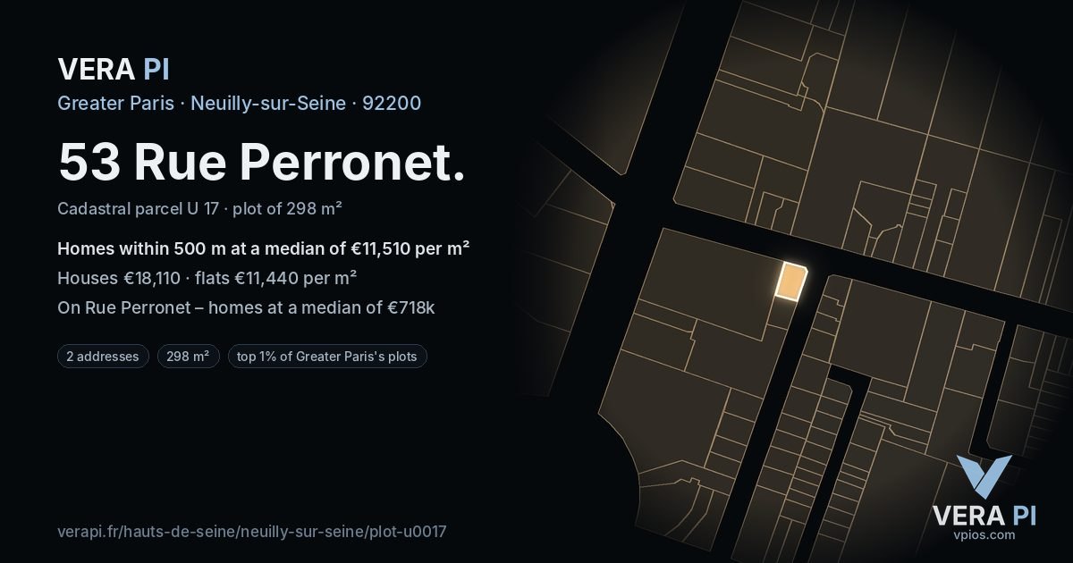 53 Rue Perronet, Neuilly-sur-Seine at night – the plot lit, the parcels around coloured by the prices near them
