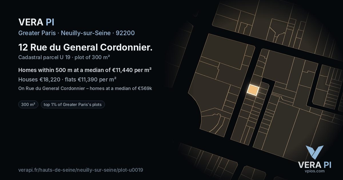 12 Rue du General Cordonnier, Neuilly-sur-Seine at night – the plot lit, the parcels around coloured by the prices near them