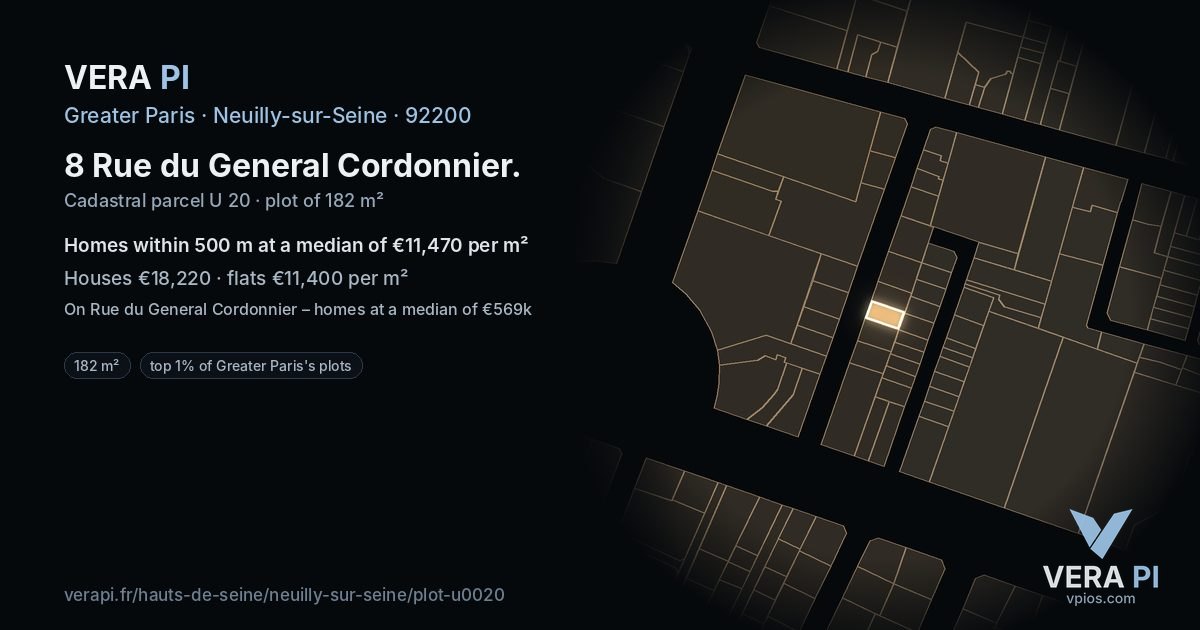 8 Rue du General Cordonnier, Neuilly-sur-Seine at night – the plot lit, the parcels around coloured by the prices near them