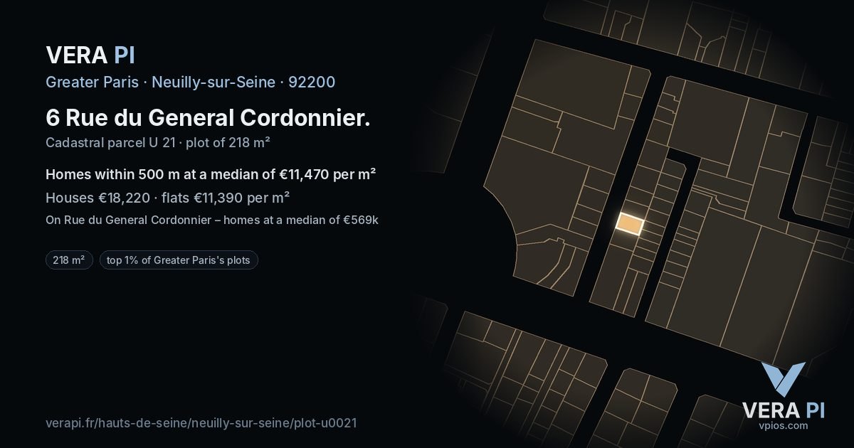 6 Rue du General Cordonnier, Neuilly-sur-Seine at night – the plot lit, the parcels around coloured by the prices near them