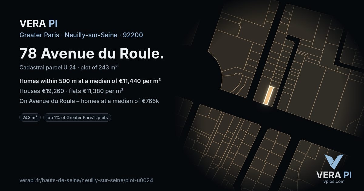 78 Avenue du Roule, Neuilly-sur-Seine at night – the plot lit, the parcels around coloured by the prices near them
