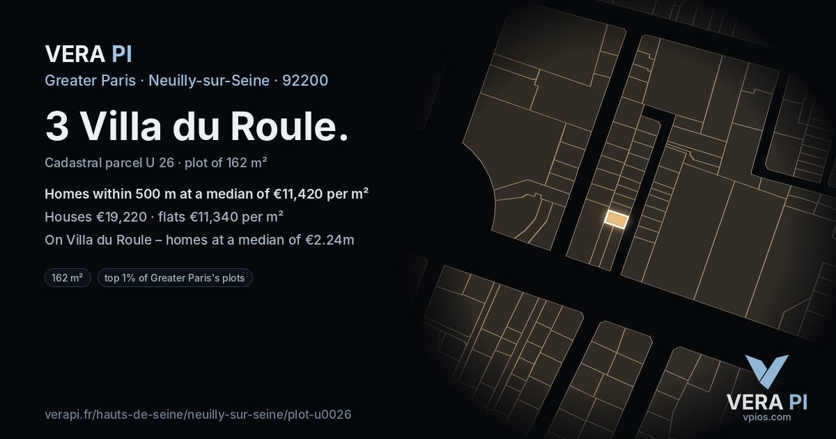 3 Villa du Roule, Neuilly-sur-Seine at night – the plot lit, the parcels around coloured by the prices near them