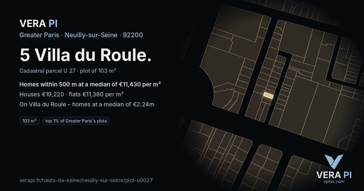 5 Villa du Roule, Neuilly-sur-Seine at night – the plot lit, the parcels around coloured by the prices near them