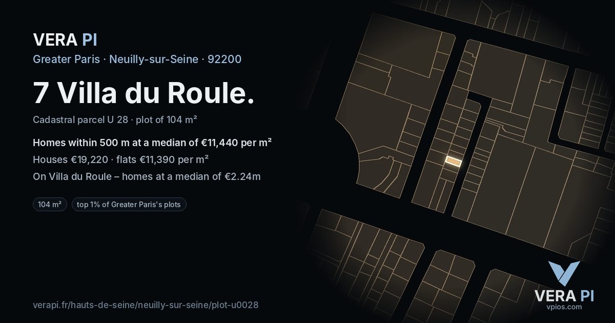 7 Villa du Roule, Neuilly-sur-Seine at night – the plot lit, the parcels around coloured by the prices near them