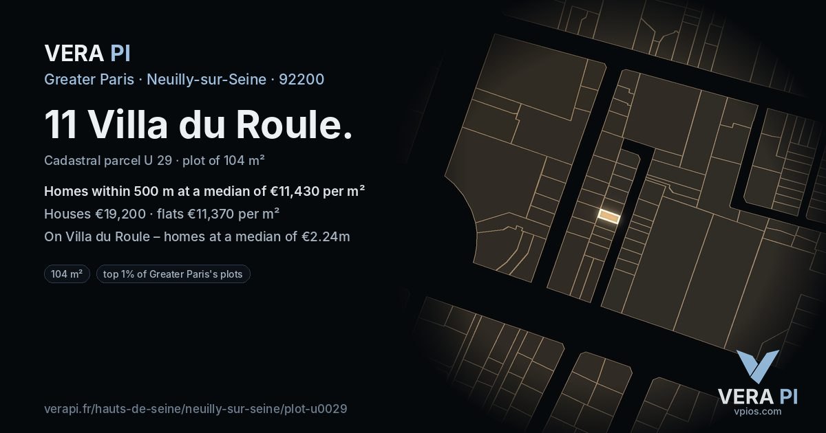 11 Villa du Roule, Neuilly-sur-Seine at night – the plot lit, the parcels around coloured by the prices near them