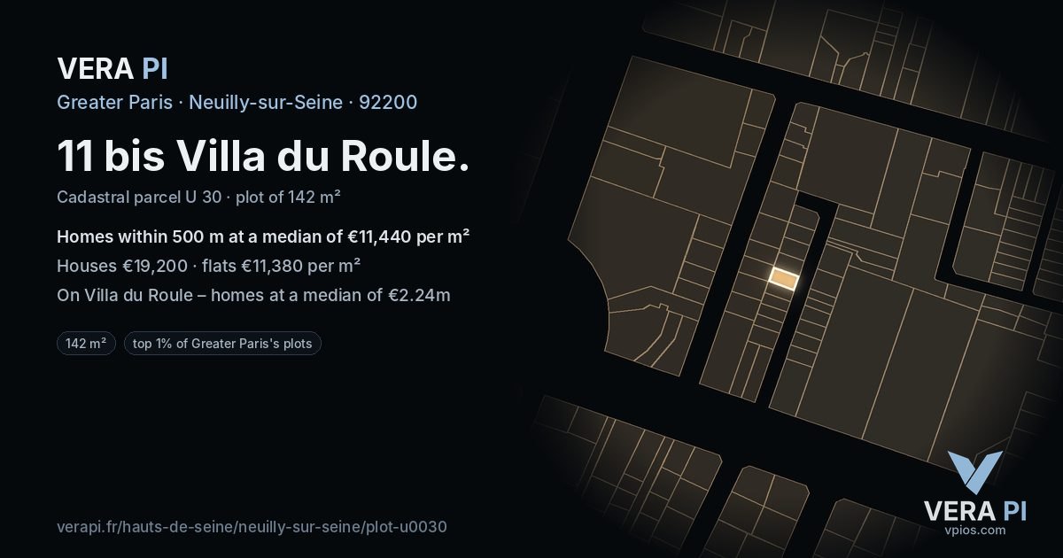 11 bis Villa du Roule, Neuilly-sur-Seine at night – the plot lit, the parcels around coloured by the prices near them