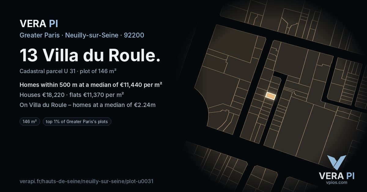 13 Villa du Roule, Neuilly-sur-Seine at night – the plot lit, the parcels around coloured by the prices near them