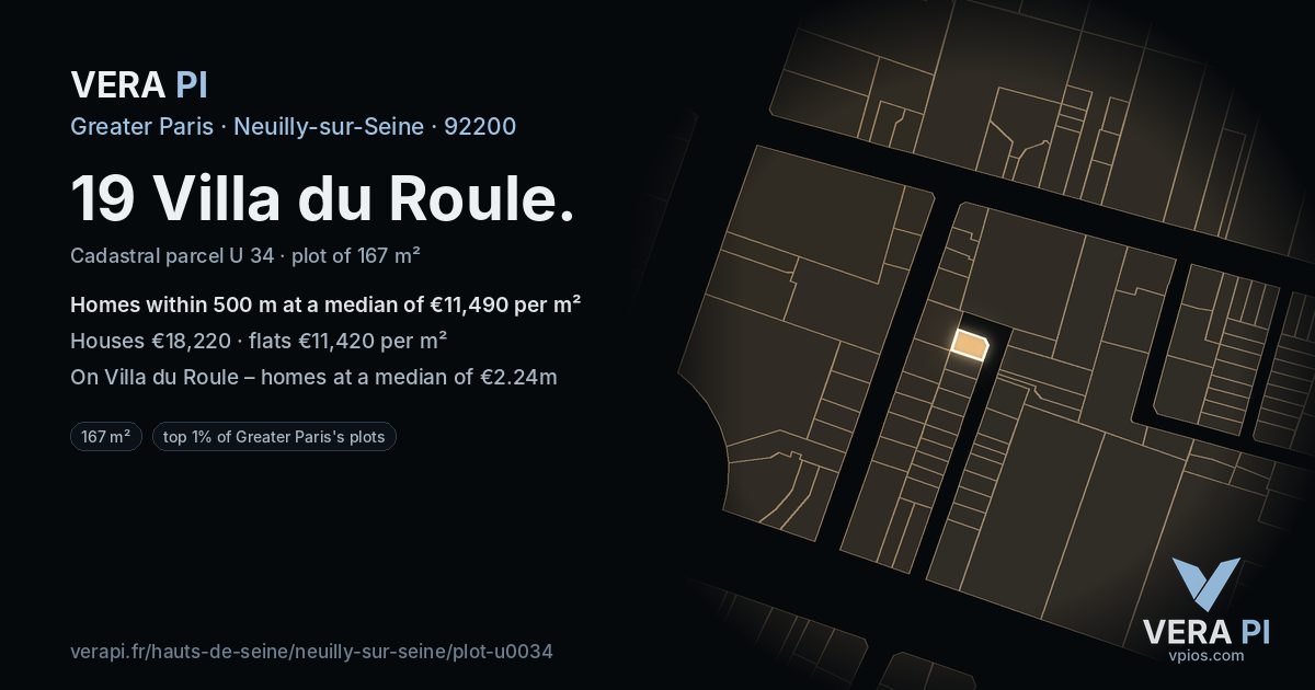 19 Villa du Roule, Neuilly-sur-Seine at night – the plot lit, the parcels around coloured by the prices near them