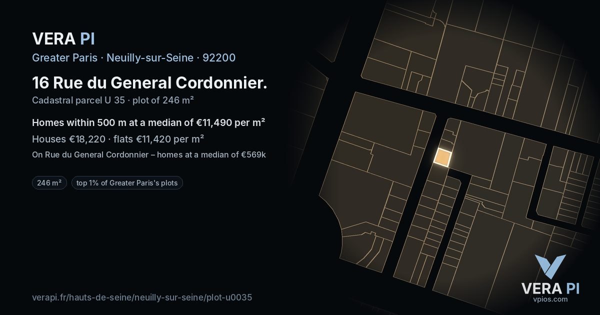 16 Rue du General Cordonnier, Neuilly-sur-Seine at night – the plot lit, the parcels around coloured by the prices near them
