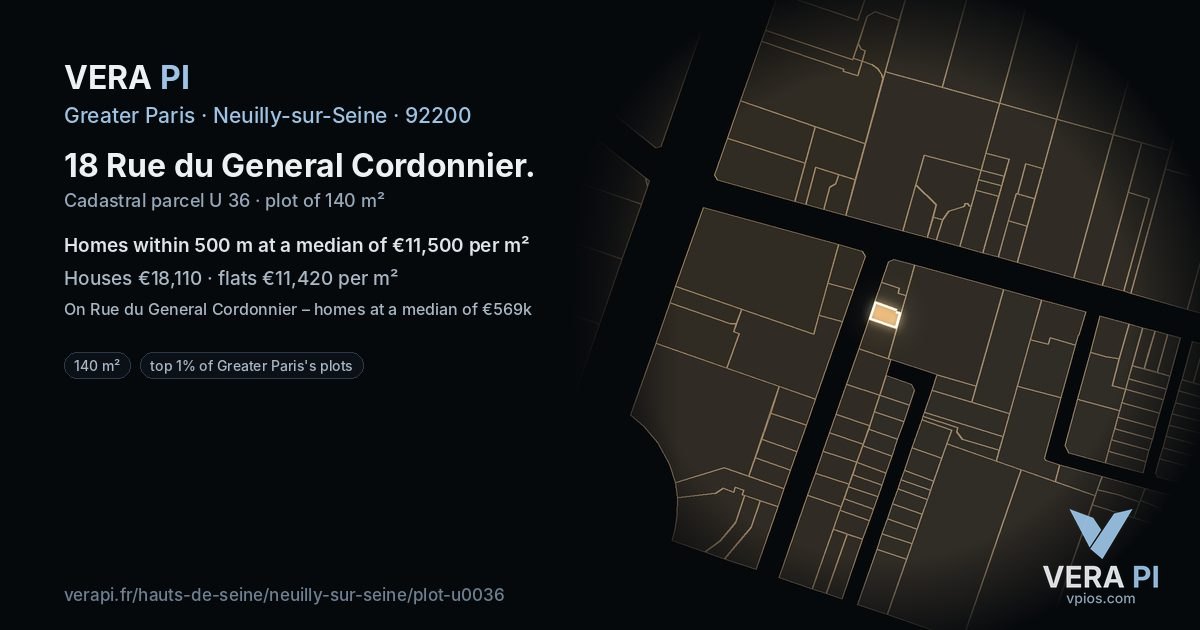 18 Rue du General Cordonnier, Neuilly-sur-Seine at night – the plot lit, the parcels around coloured by the prices near them