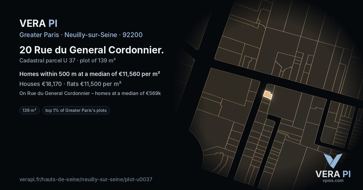 20 Rue du General Cordonnier, Neuilly-sur-Seine at night – the plot lit, the parcels around coloured by the prices near them
