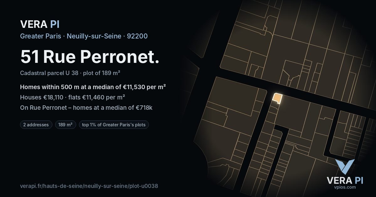 51 Rue Perronet, Neuilly-sur-Seine at night – the plot lit, the parcels around coloured by the prices near them