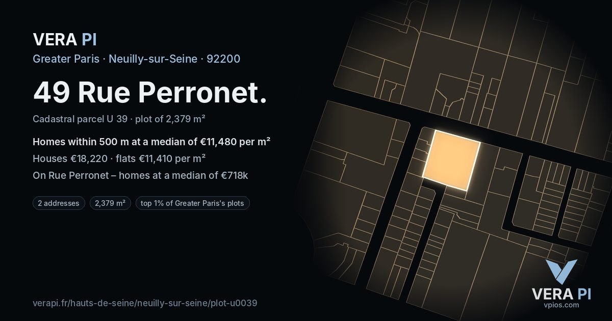 49 Rue Perronet, Neuilly-sur-Seine at night – the plot lit, the parcels around coloured by the prices near them