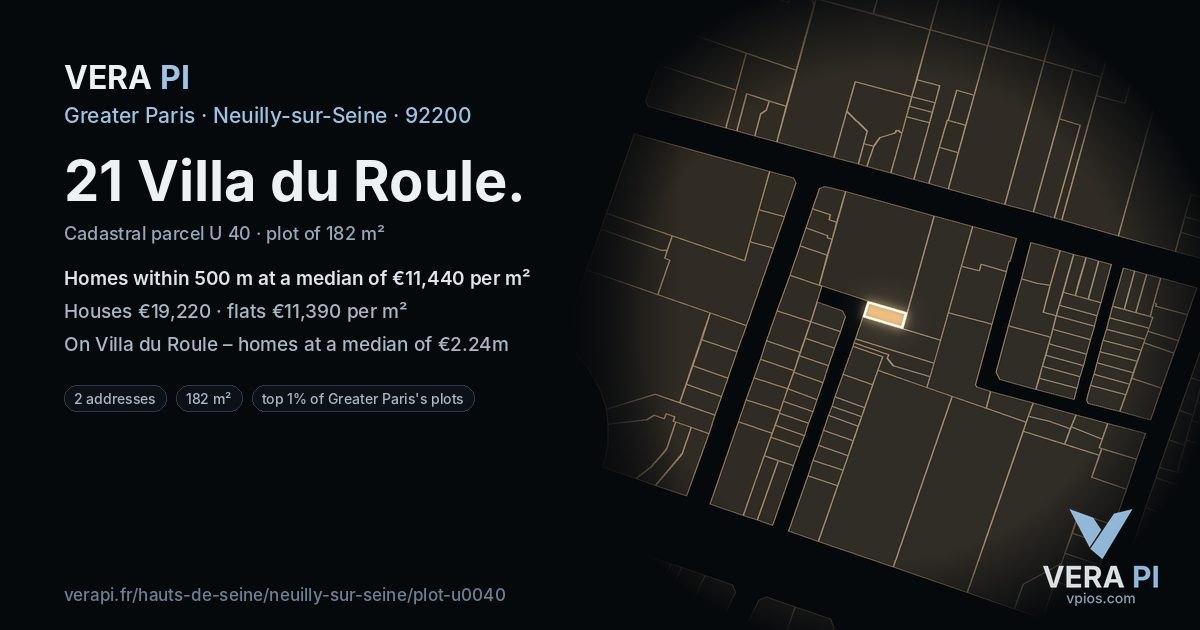 21 Villa du Roule, Neuilly-sur-Seine at night – the plot lit, the parcels around coloured by the prices near them