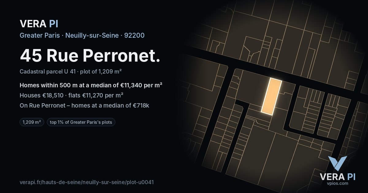 45 Rue Perronet, Neuilly-sur-Seine at night – the plot lit, the parcels around coloured by the prices near them