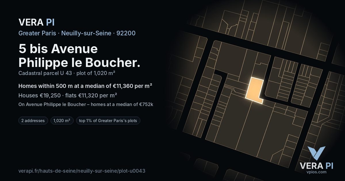 5 bis Avenue Philippe le Boucher, Neuilly-sur-Seine at night – the plot lit, the parcels around coloured by the prices near them