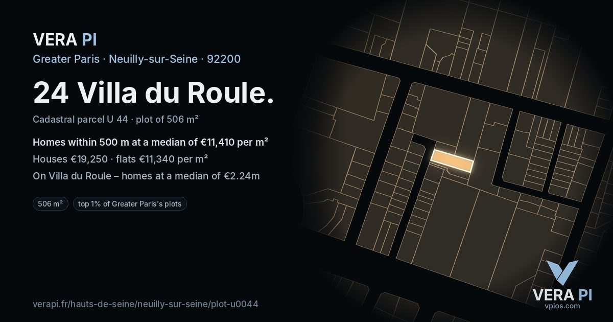 24 Villa du Roule, Neuilly-sur-Seine at night – the plot lit, the parcels around coloured by the prices near them