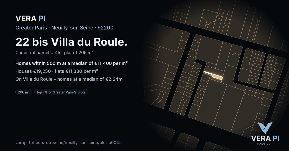 22 bis Villa du Roule, Neuilly-sur-Seine at night – the plot lit, the parcels around coloured by the prices near them