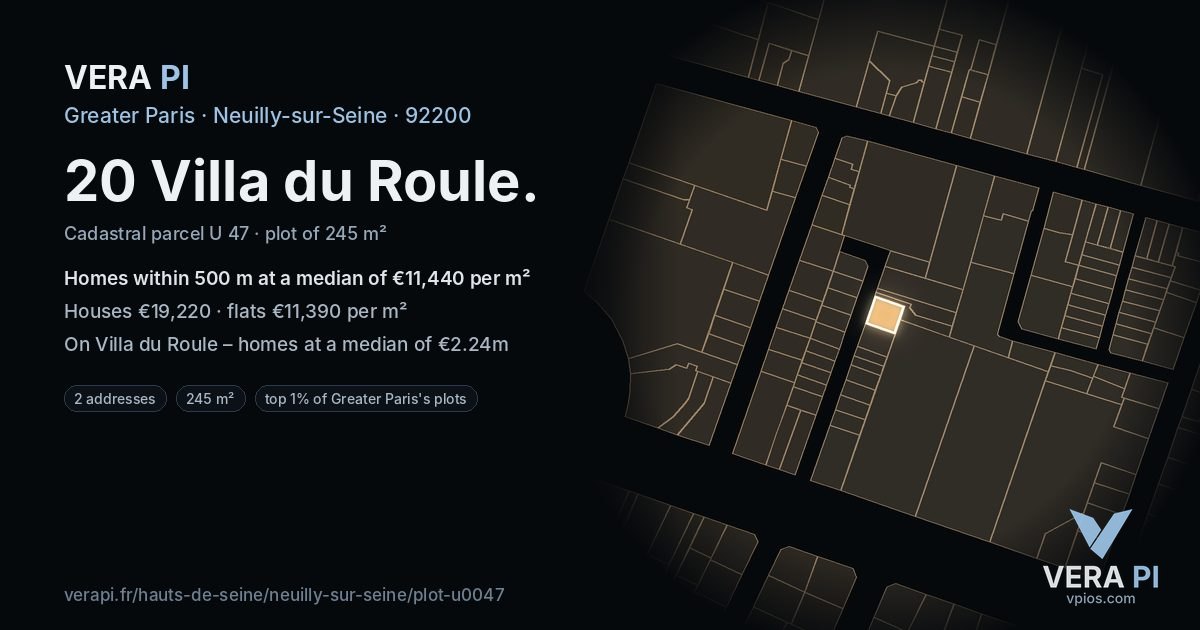 20 Villa du Roule, Neuilly-sur-Seine at night – the plot lit, the parcels around coloured by the prices near them