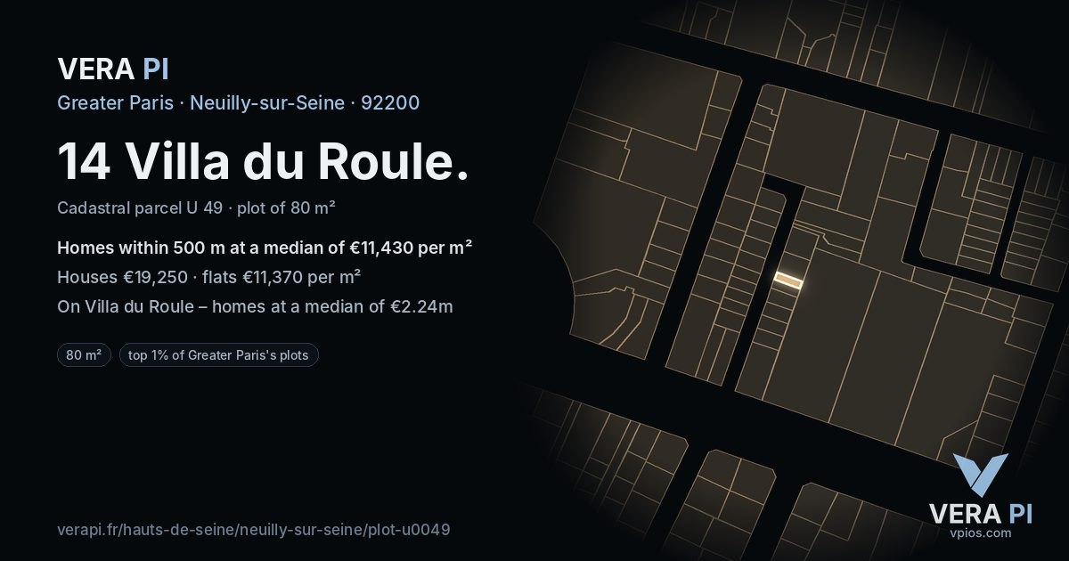 14 Villa du Roule, Neuilly-sur-Seine at night – the plot lit, the parcels around coloured by the prices near them