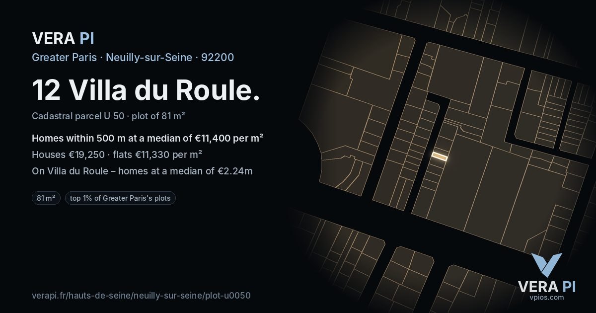 12 Villa du Roule, Neuilly-sur-Seine at night – the plot lit, the parcels around coloured by the prices near them