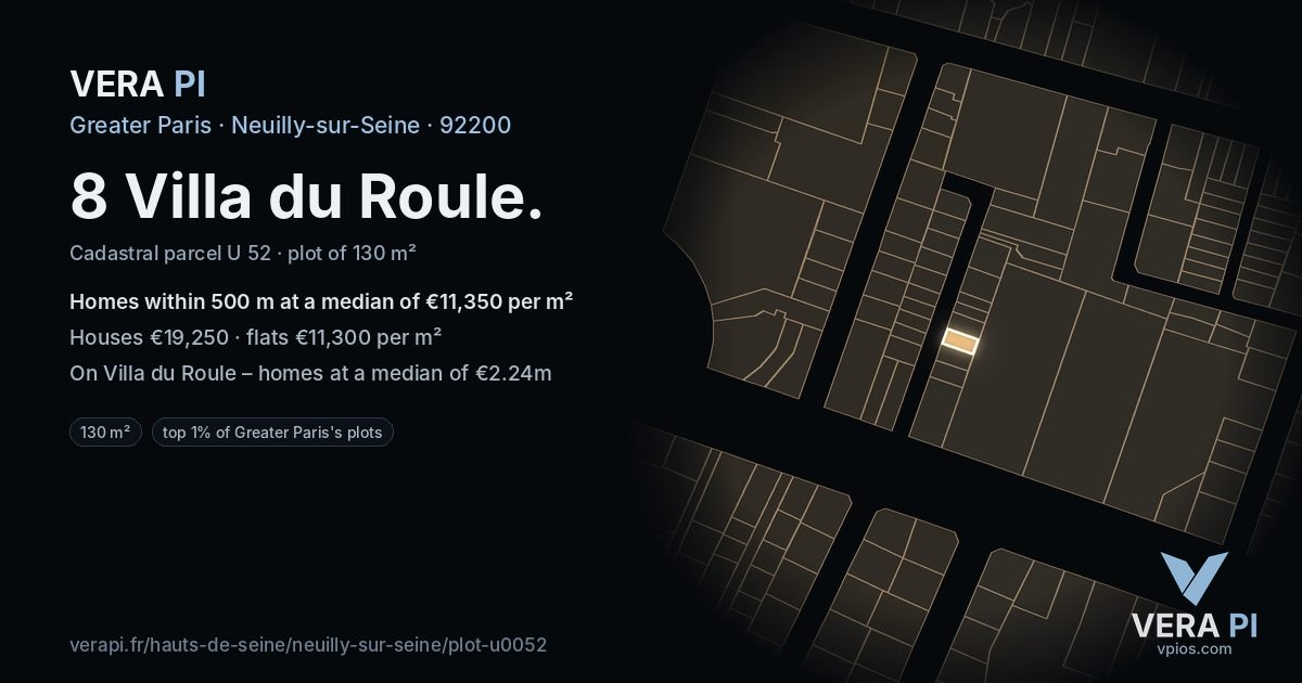 8 Villa du Roule, Neuilly-sur-Seine at night – the plot lit, the parcels around coloured by the prices near them