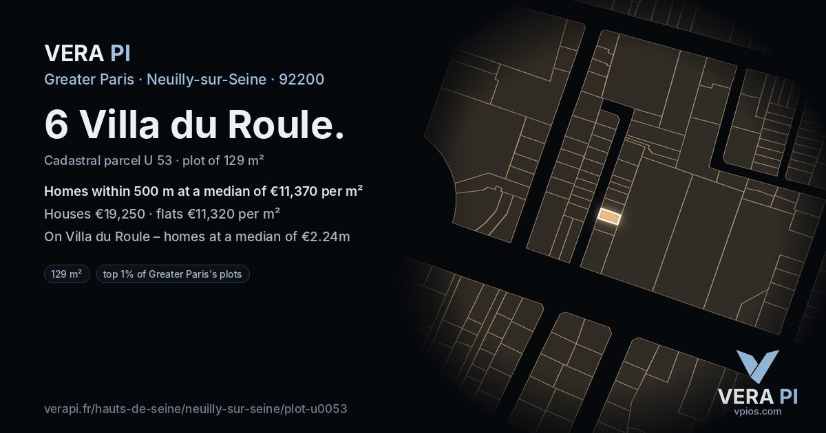6 Villa du Roule, Neuilly-sur-Seine at night – the plot lit, the parcels around coloured by the prices near them