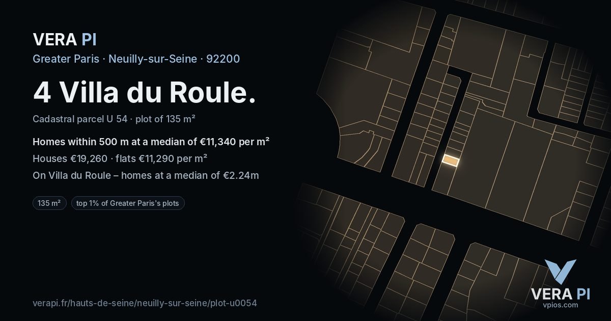 4 Villa du Roule, Neuilly-sur-Seine at night – the plot lit, the parcels around coloured by the prices near them