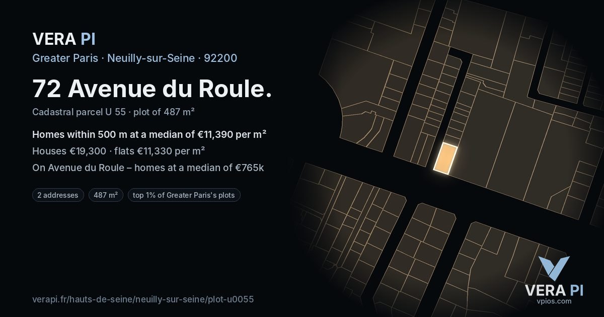 72 Avenue du Roule, Neuilly-sur-Seine at night – the plot lit, the parcels around coloured by the prices near them
