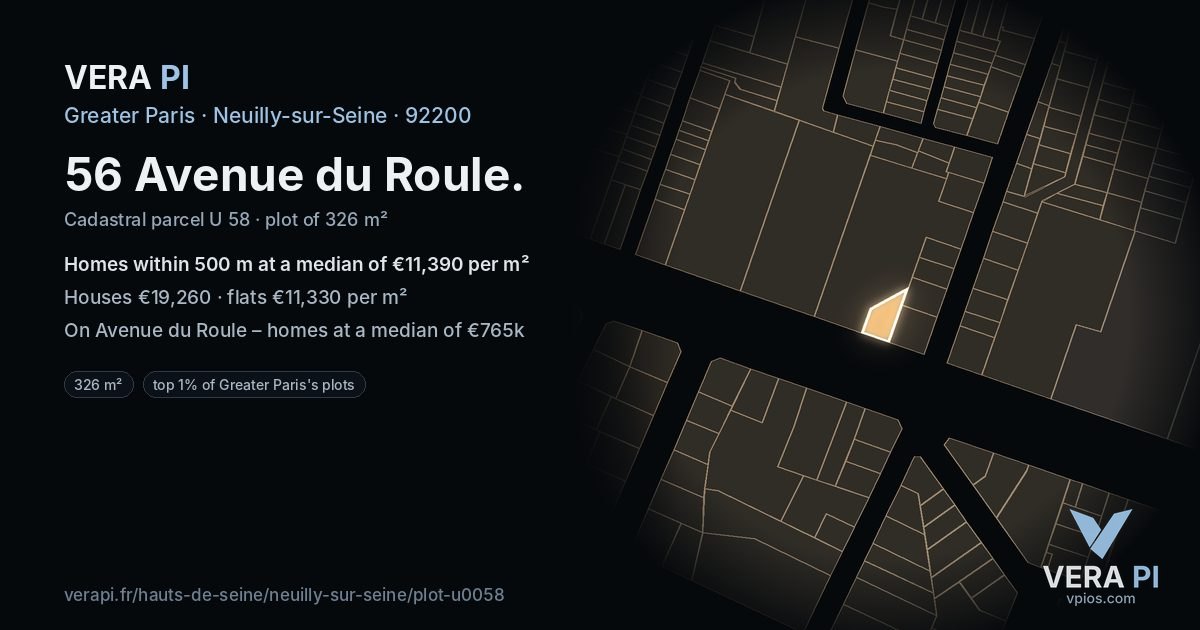 56 Avenue du Roule, Neuilly-sur-Seine at night – the plot lit, the parcels around coloured by the prices near them
