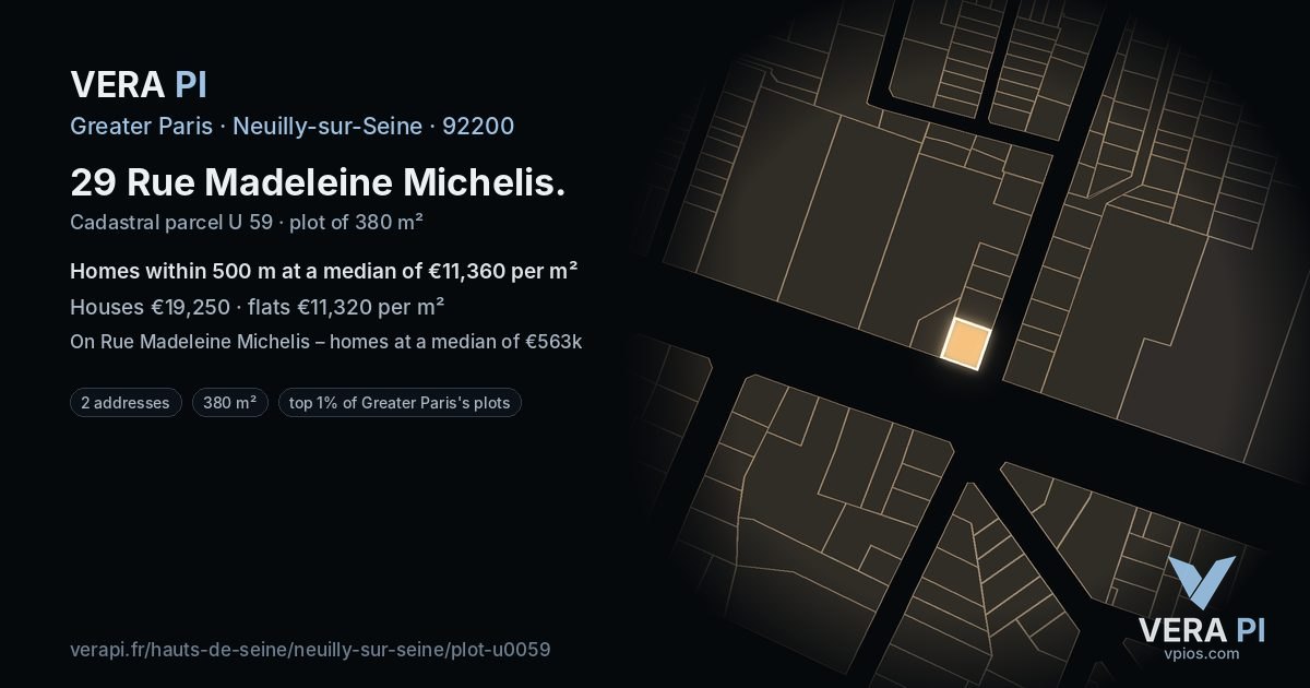 29 Rue Madeleine Michelis, Neuilly-sur-Seine at night – the plot lit, the parcels around coloured by the prices near them