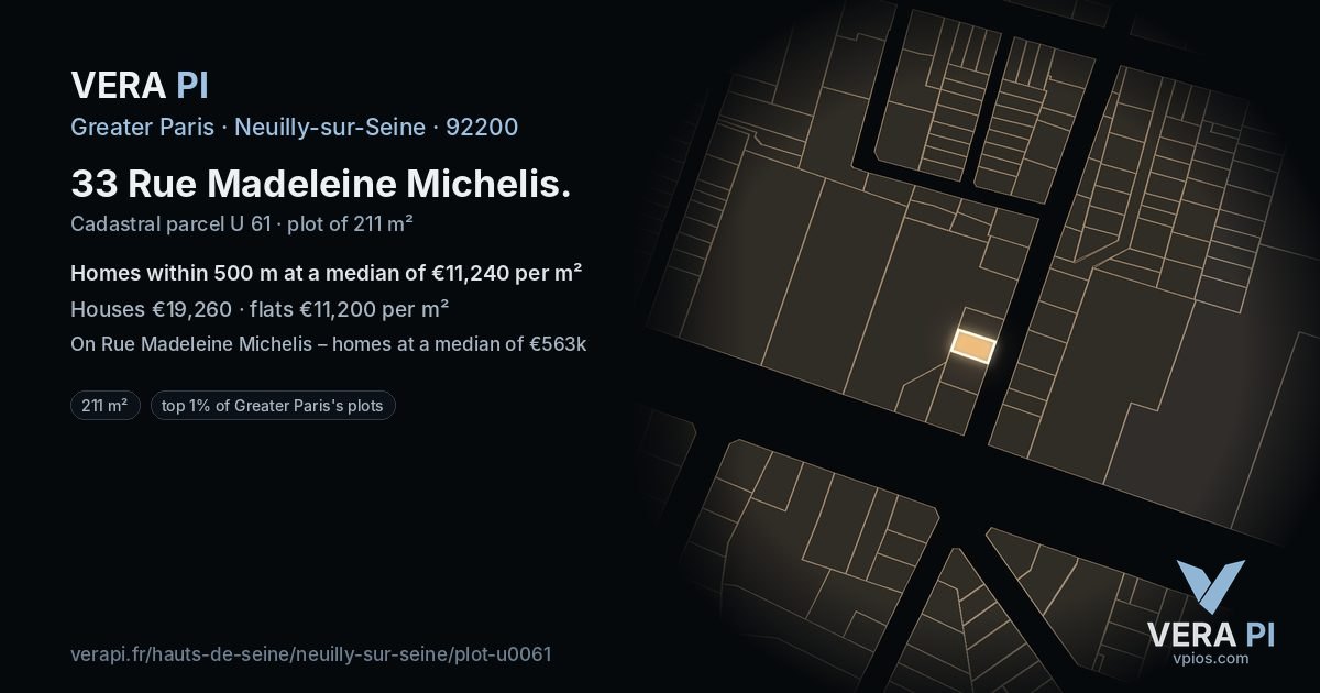 33 Rue Madeleine Michelis, Neuilly-sur-Seine at night – the plot lit, the parcels around coloured by the prices near them