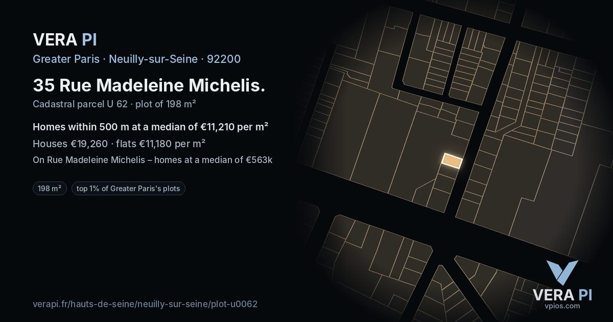 35 Rue Madeleine Michelis, Neuilly-sur-Seine at night – the plot lit, the parcels around coloured by the prices near them
