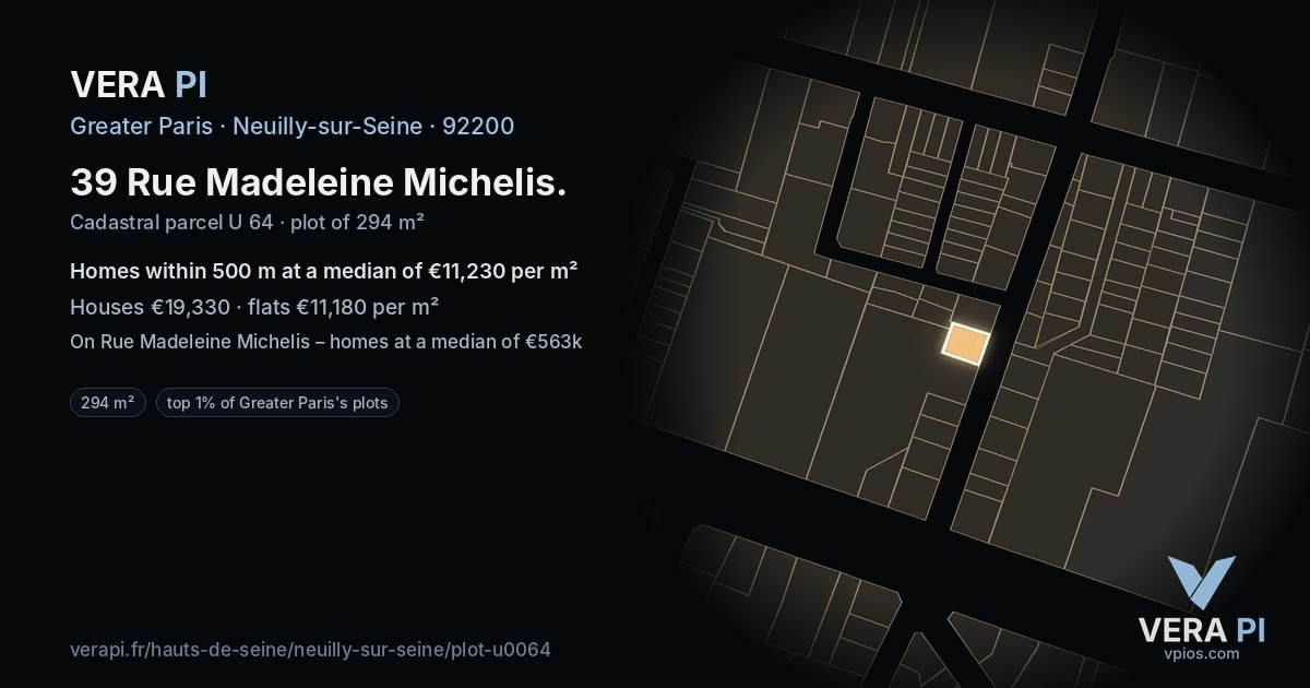 39 Rue Madeleine Michelis, Neuilly-sur-Seine at night – the plot lit, the parcels around coloured by the prices near them