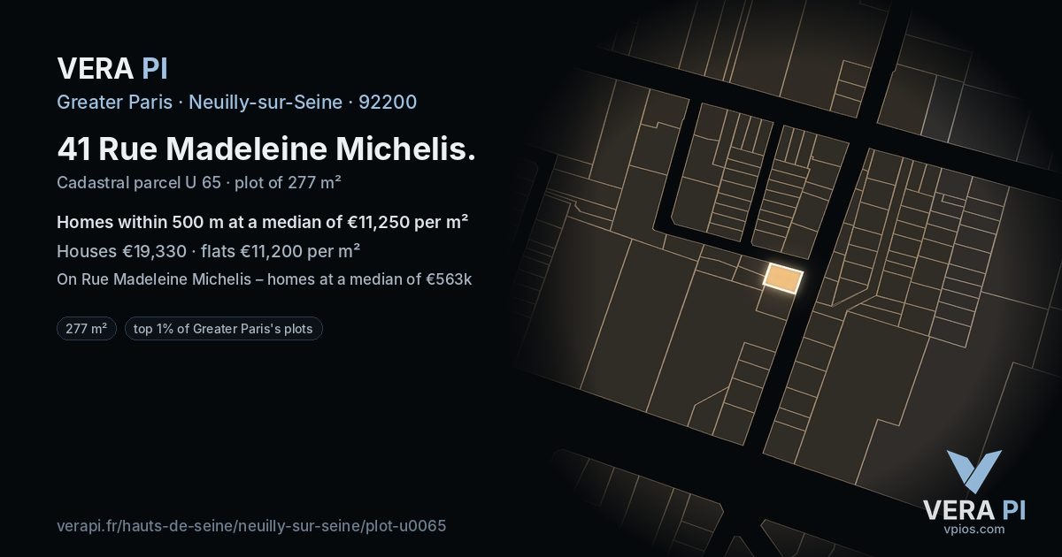 41 Rue Madeleine Michelis, Neuilly-sur-Seine at night – the plot lit, the parcels around coloured by the prices near them