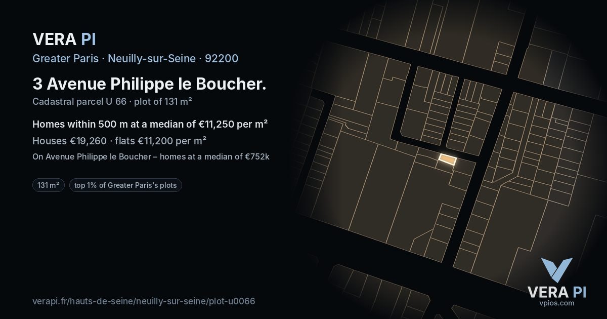 3 Avenue Philippe le Boucher, Neuilly-sur-Seine at night – the plot lit, the parcels around coloured by the prices near them