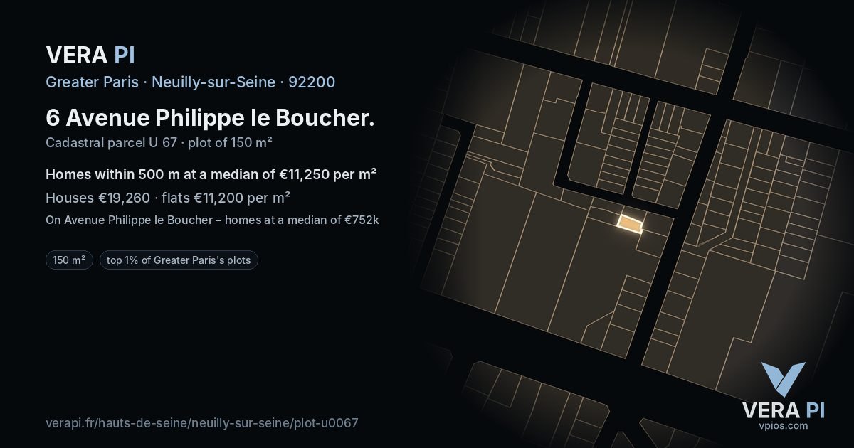 6 Avenue Philippe le Boucher, Neuilly-sur-Seine at night – the plot lit, the parcels around coloured by the prices near them