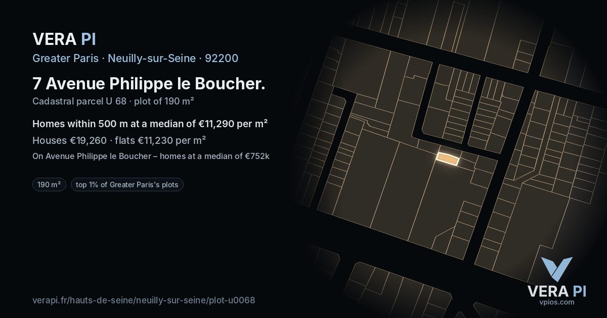 7 Avenue Philippe le Boucher, Neuilly-sur-Seine at night – the plot lit, the parcels around coloured by the prices near them