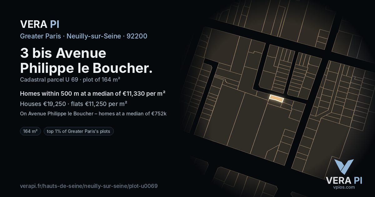 3 bis Avenue Philippe le Boucher, Neuilly-sur-Seine at night – the plot lit, the parcels around coloured by the prices near them