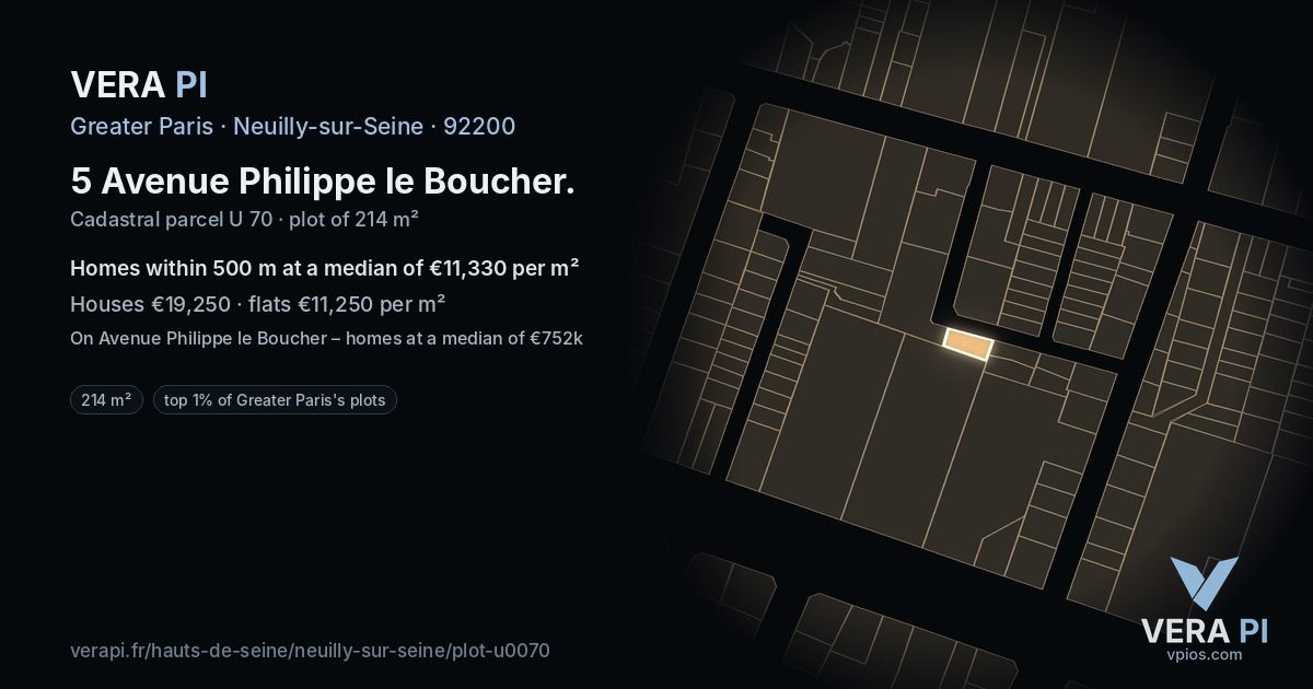 5 Avenue Philippe le Boucher, Neuilly-sur-Seine at night – the plot lit, the parcels around coloured by the prices near them