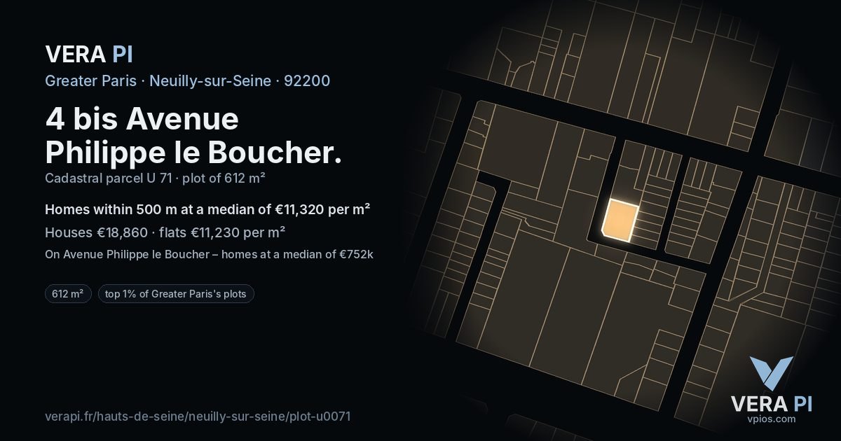 4 bis Avenue Philippe le Boucher, Neuilly-sur-Seine at night – the plot lit, the parcels around coloured by the prices near them