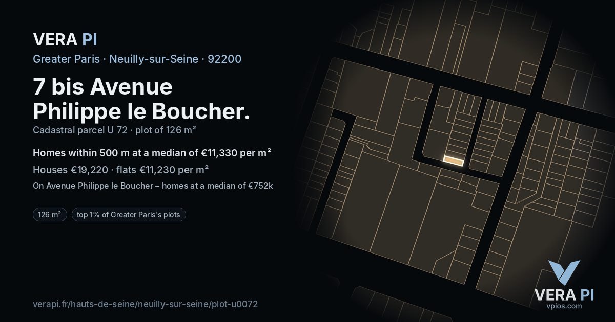 7 bis Avenue Philippe le Boucher, Neuilly-sur-Seine at night – the plot lit, the parcels around coloured by the prices near them