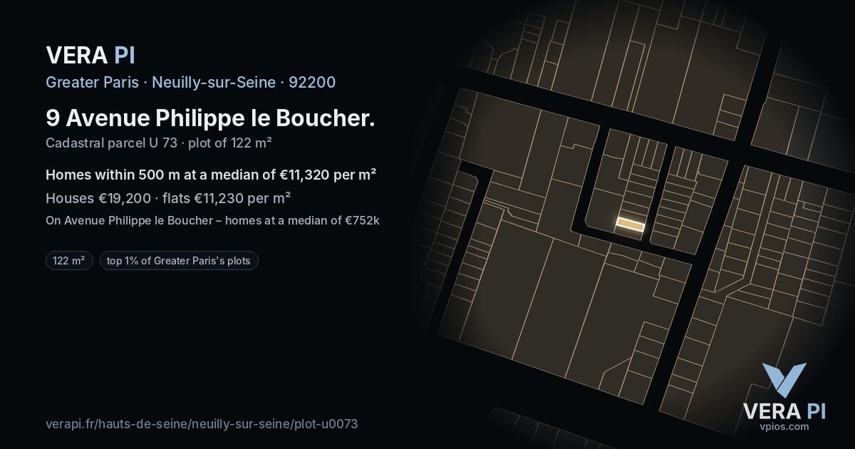 9 Avenue Philippe le Boucher, Neuilly-sur-Seine at night – the plot lit, the parcels around coloured by the prices near them