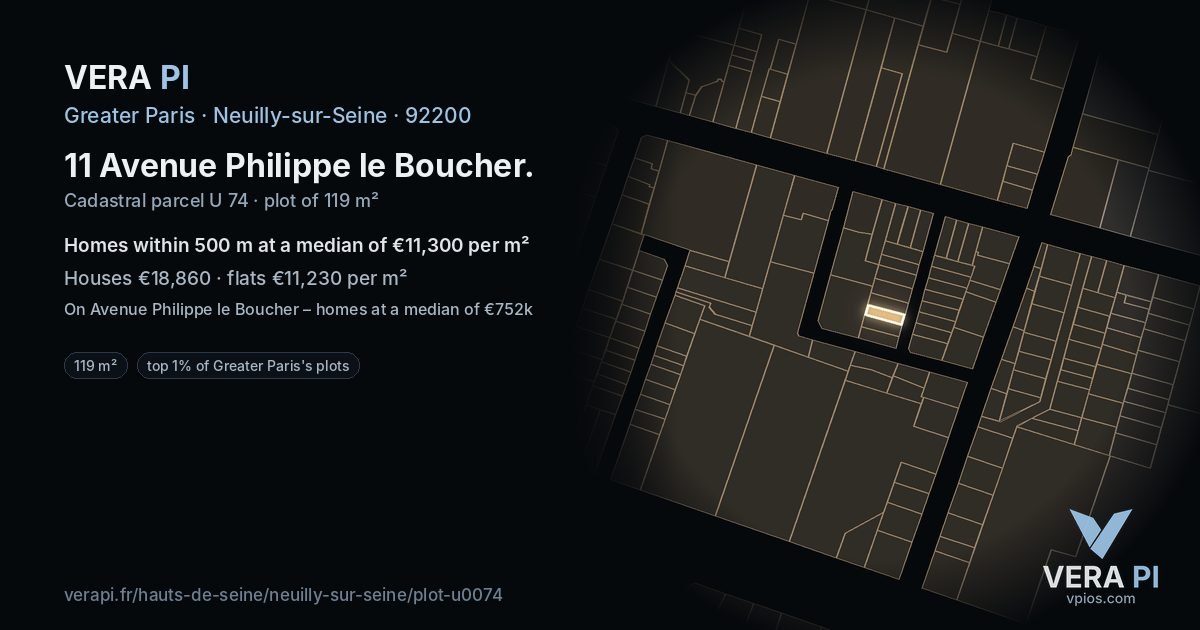 11 Avenue Philippe le Boucher, Neuilly-sur-Seine at night – the plot lit, the parcels around coloured by the prices near them
