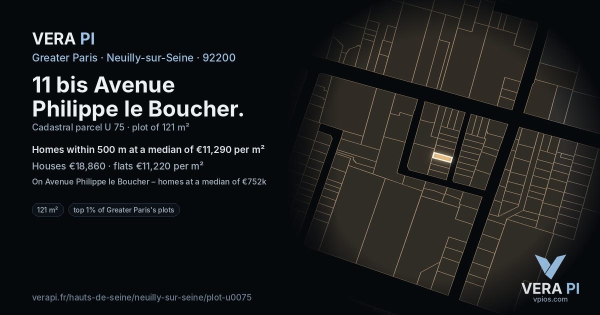 11 bis Avenue Philippe le Boucher, Neuilly-sur-Seine at night – the plot lit, the parcels around coloured by the prices near them