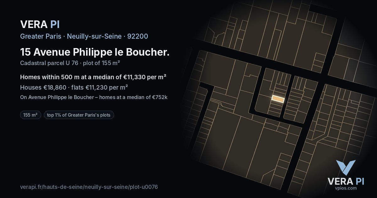 15 Avenue Philippe le Boucher, Neuilly-sur-Seine at night – the plot lit, the parcels around coloured by the prices near them