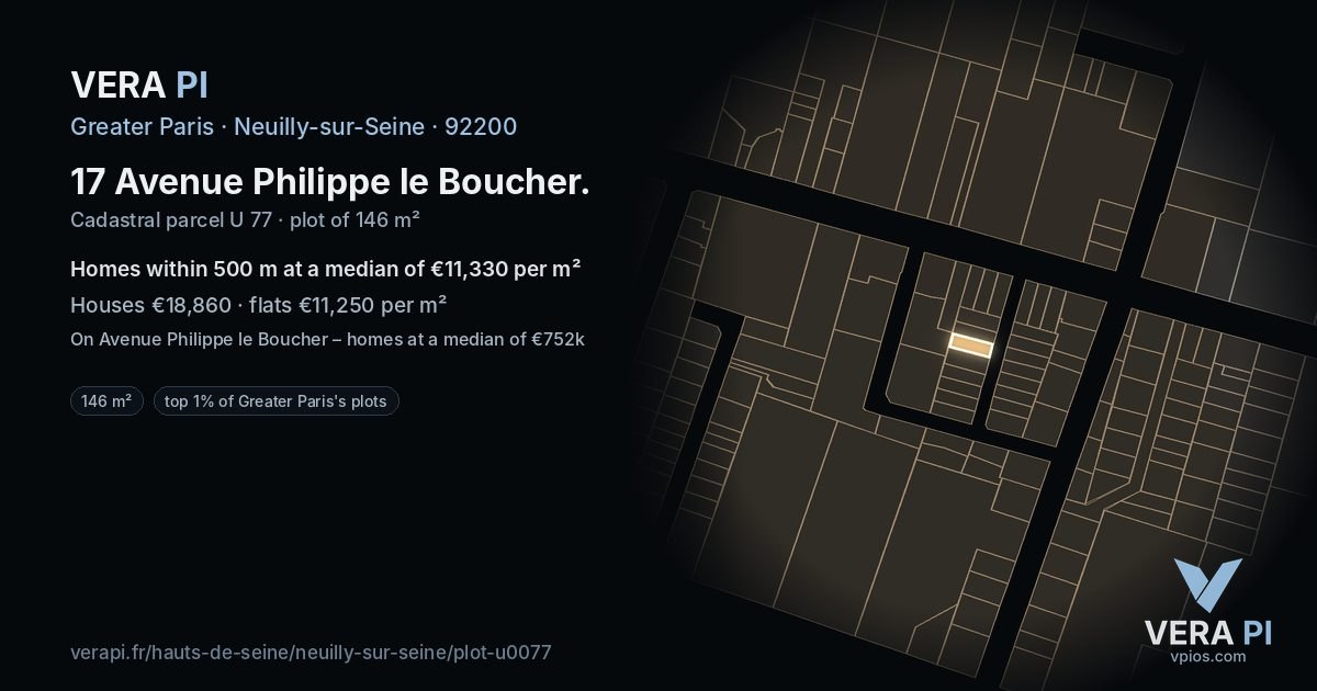 17 Avenue Philippe le Boucher, Neuilly-sur-Seine at night – the plot lit, the parcels around coloured by the prices near them